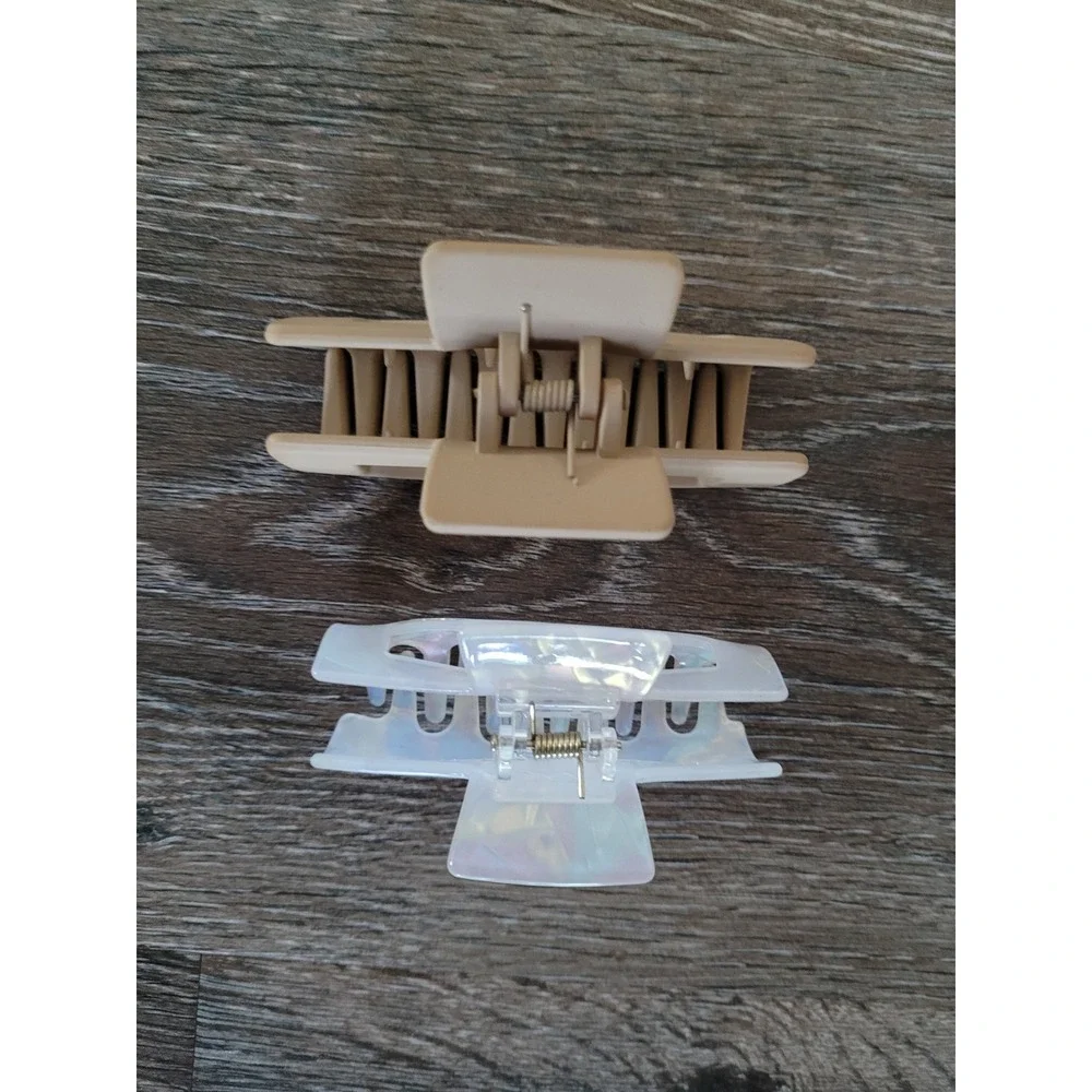 Set of 2 Large Rectangle Claw Clips Matte Tan and Iridescent White Hair Clips #2